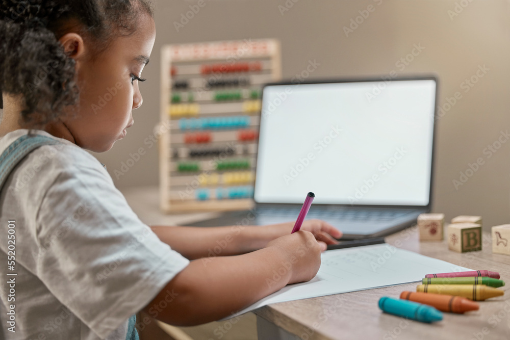 Home school, blank computer and girl writing in a study notebook learning for child development. Online eduction, technology and kid working with a pencil on a pc student app for education in a house Home school, blank computer and girl writing in a study notebook learning for child development. Online eduction, technology and kid working with a pencil on a pc student app for education in a house