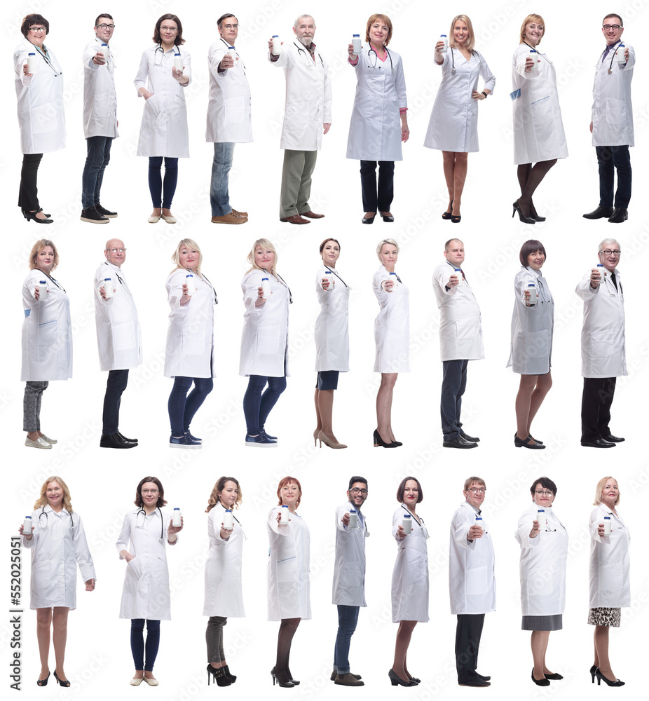 group of doctors holding jar isolated on white group of doctors holding jar isolated on white