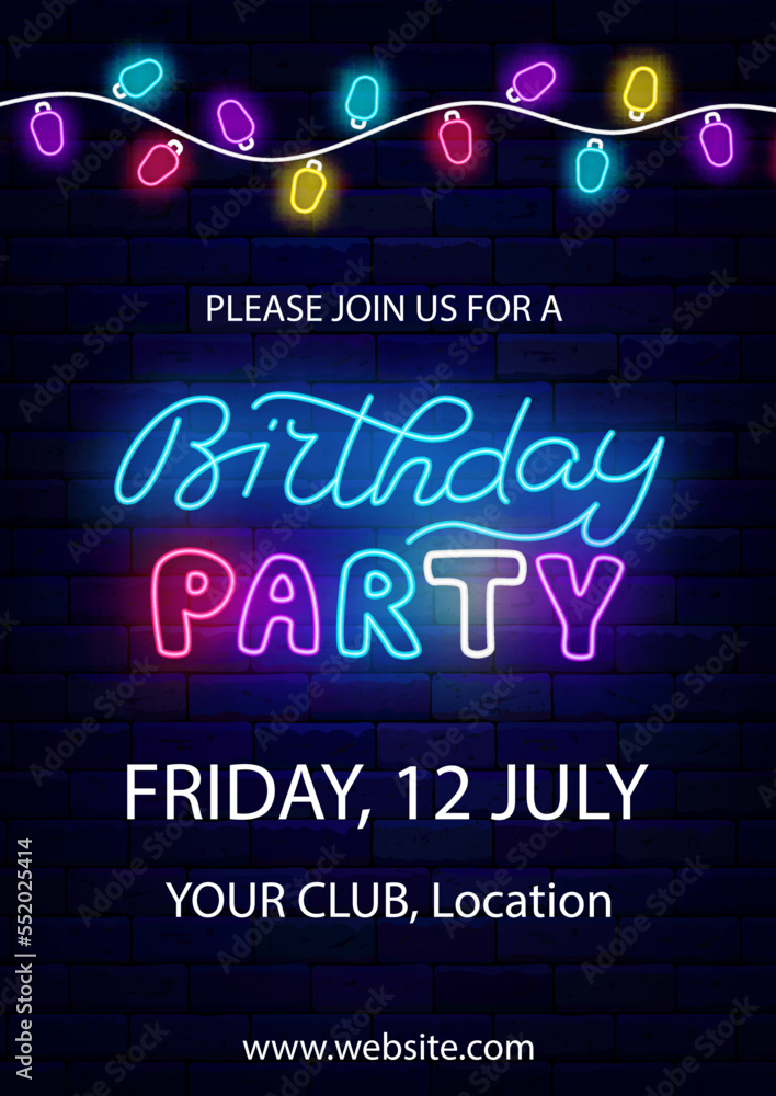 Obraz premium Birthday party neon invitation. Light bulbs garland on brick wall. Vertical poster template. Vector stock illustration