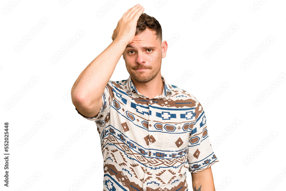 Young caucasian handsome man isolated forgetting something, slapping forehead with palm and closing eyes.