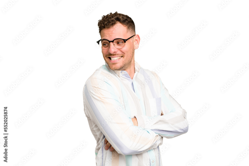 Young caucasian handsome man isolated laughing and having fun. Young caucasian handsome man isolated laughing and having fun.