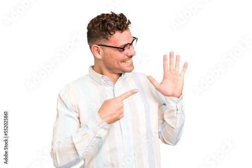 Young caucasian handsome man isolated smiling cheerful showing number five with fingers.