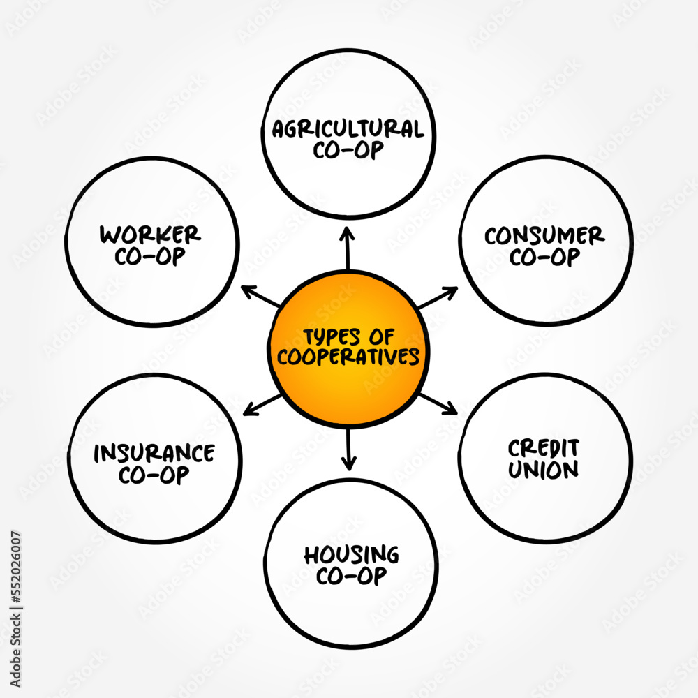 Types of Cooperatives mind map text concept for presentations and reports