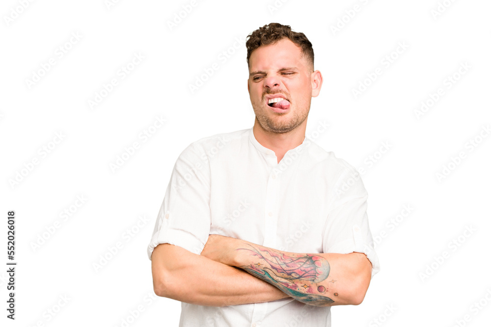 Young caucasian handsome man isolated funny and friendly sticking out tongue. Young caucasian handsome man isolated funny and friendly sticking out tongue.