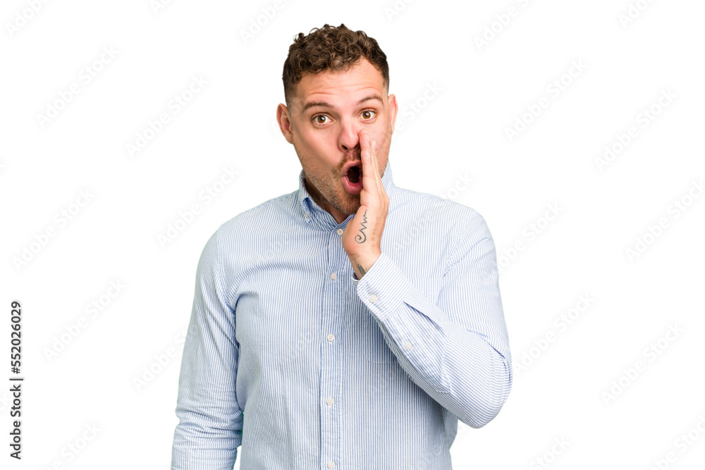 Young caucasian handsome man isolated is saying a secret hot braking news and looking aside Young caucasian handsome man isolated is saying a secret hot braking news and looking aside