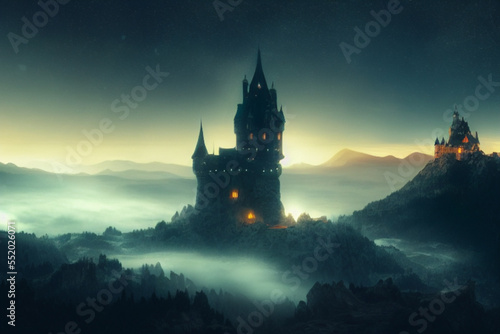 Fantasy castle in the night digital artwork background.
