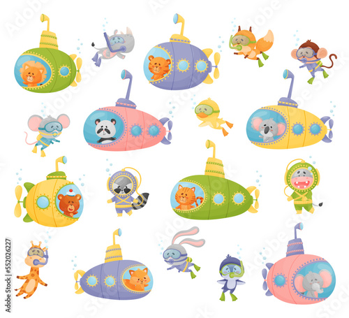 Cute Animals Swimming Under Water on Submarine and Wearing Diving Suit Big Vector Set