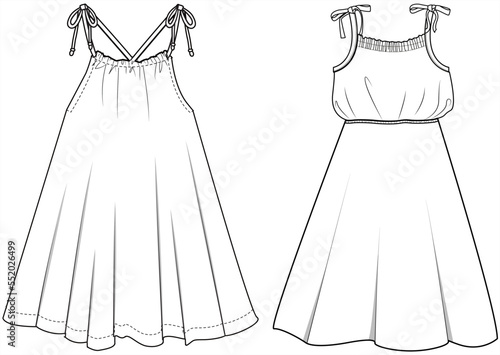 Strappy Flared Summer Sun Dress Set Fashion Illustration, Vector, CAD, Technical Drawing, Flat Drawing, Template, Mockup.