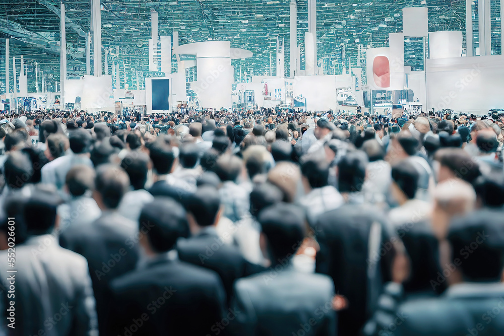 Large crowd of anonymous business people walking in exhibition hall (Generative AI)
