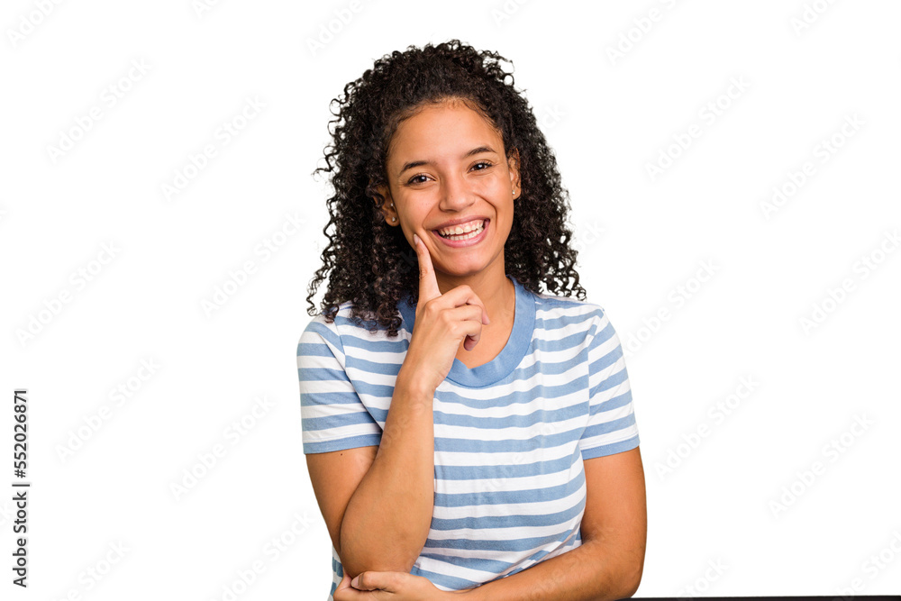 Young Brazilian curly hair cute woman isolated smiling happy and confident, touching chin with hand. Young Brazilian curly hair cute woman isolated smiling happy and confident, touching chin with hand.