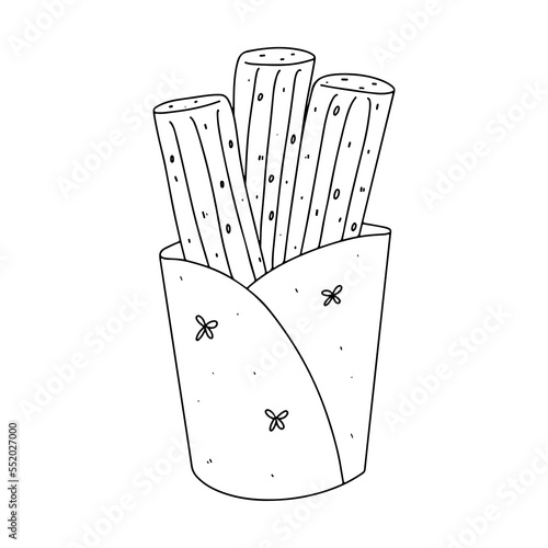 Churros in hand drawn doodle style. Mexican snack. Vector illustration. Churros sticks in paper bag.