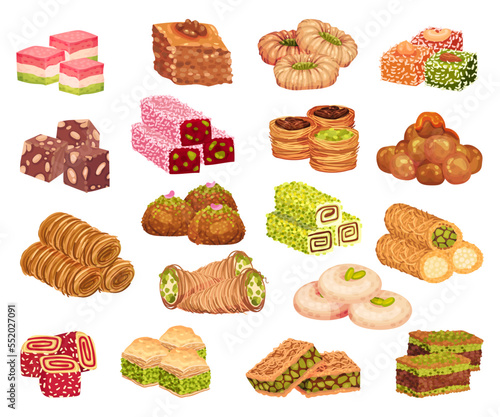 Arabic Sweets and Turkish Delights with Famous Baklava and Rahat Lakoum Big Vector Set
