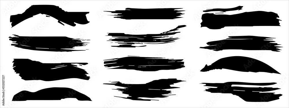 Vector collection of artistic grungy black paint hand made creative brush stroke set isolated on banner background. A group of abstract grunge sketches for design education or graphic art decoration Vector collection of artistic grungy black paint hand made creative brush stroke set isolated on banner background. A group of abstract grunge sketches for design education or graphic art decoration