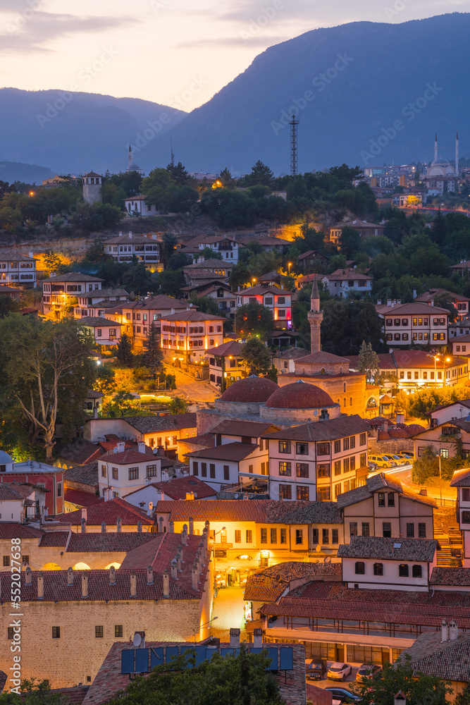 Fototapeta premium Traditional Ottoman Houses in Safranbolu. Safranbolu UNESCO World Heritage Site. Safranbolu night view. Old wooden mansions turkish architecture. Safranbolu night landscape view.