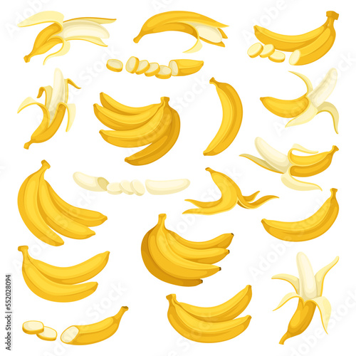Yellow Banana Sliced Whole Peeled and in Bunch Big Vector Set