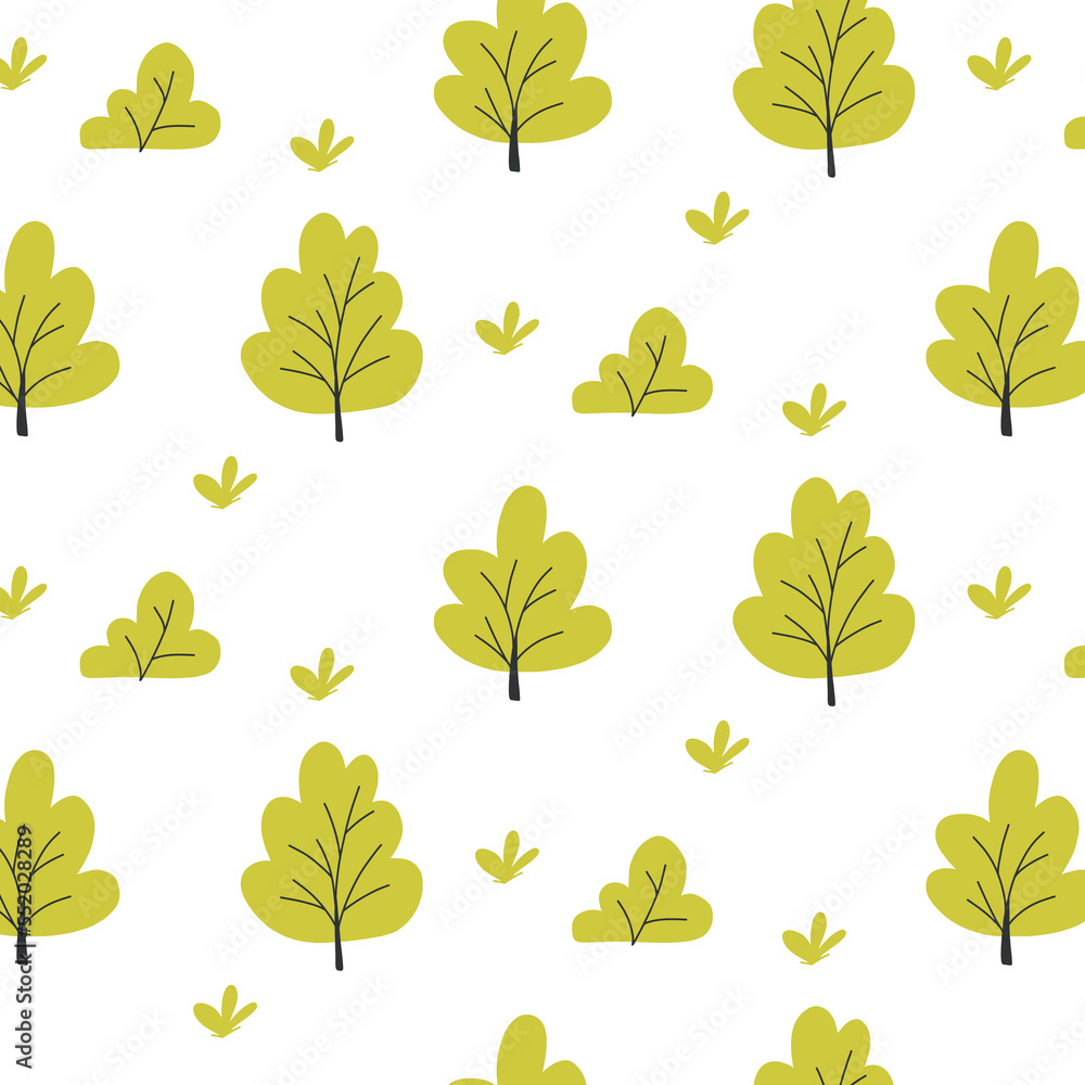 Childish seamless pattern with trees and bushes. Kids print with nature. Vector illustration in cartoon style. Flat style.