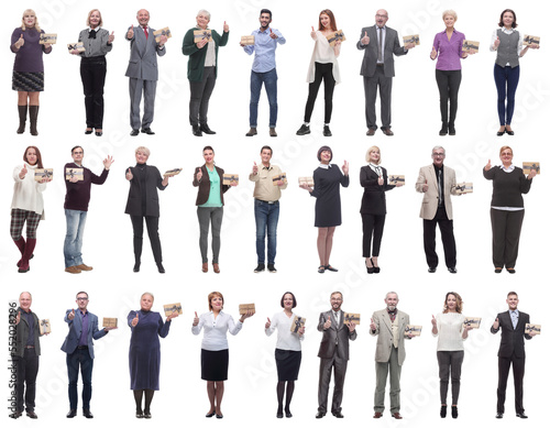 group of happy people with gifts in their hands isolated