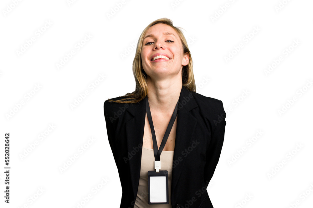 Young caucasian business woman with ID card isolated laughing and having fun. Young caucasian business woman with ID card isolated laughing and having fun.