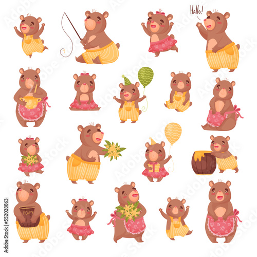 Funny Bear Woodland Character Engaged in Different Activity Big Vector Set