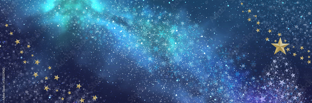 銀河の空に舞うキラキラ雪の結晶と星のツリー
