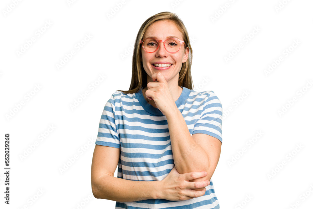 Young caucasian woman cutout isolated smiling happy and confident, touching chin with hand.
