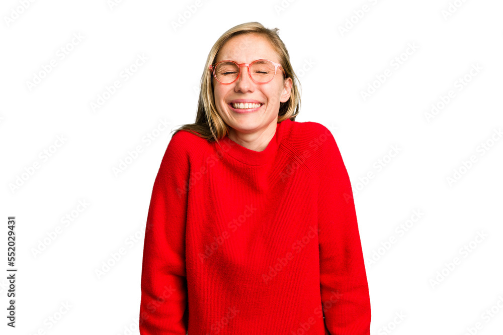 Young caucasian woman cutout isolated laughs and closes eyes, feels relaxed and happy. Young caucasian woman cutout isolated laughs and closes eyes, feels relaxed and happy.