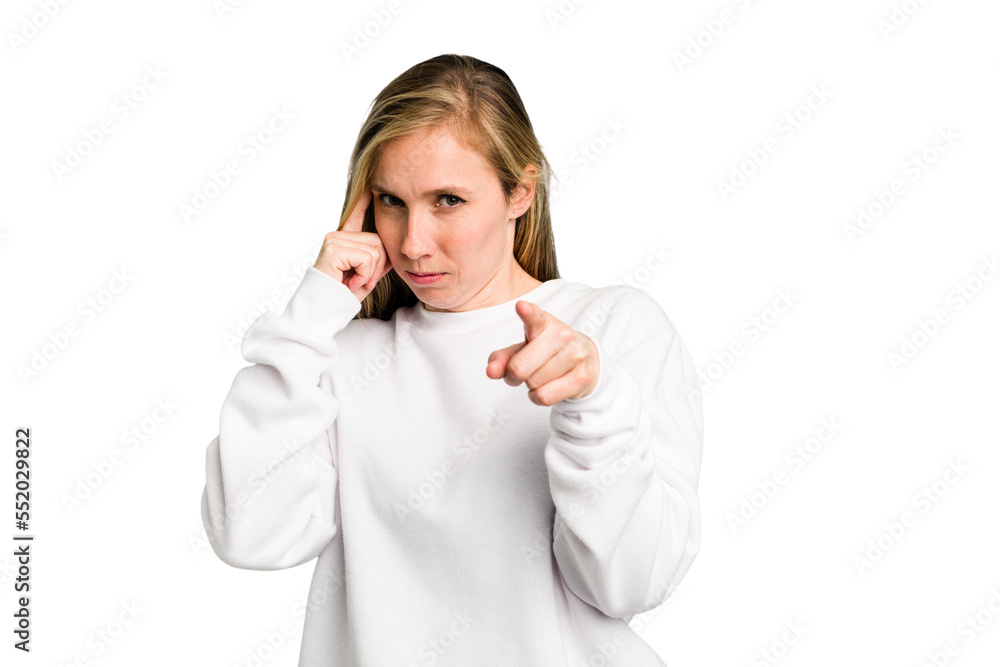 Young caucasian woman cutout isolated pointing temple with finger, thinking, focused on a task. Young caucasian woman cutout isolated pointing temple with finger, thinking, focused on a task.