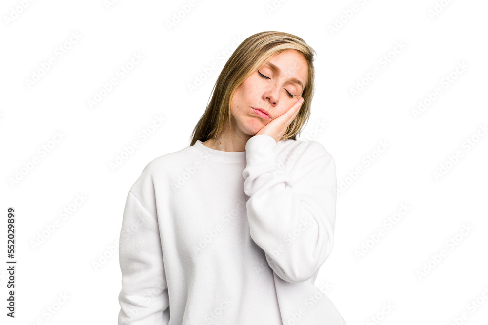 Young caucasian woman cutout isolated who is bored, fatigued and need a relax day. Young caucasian woman cutout isolated who is bored, fatigued and need a relax day.