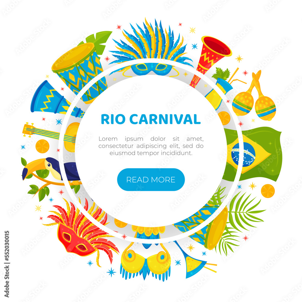 Brazilian Party and Carnival Design with Bright Symbols Vector Template