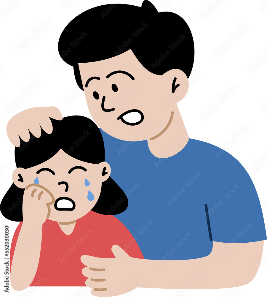 Father soothes crying daughter. Cute cartoon characters isolated on white background. Colorful vector illustration in flat style. Father soothes crying daughter. Cute cartoon characters isolated on white background. Colorful vector illustration in flat style.