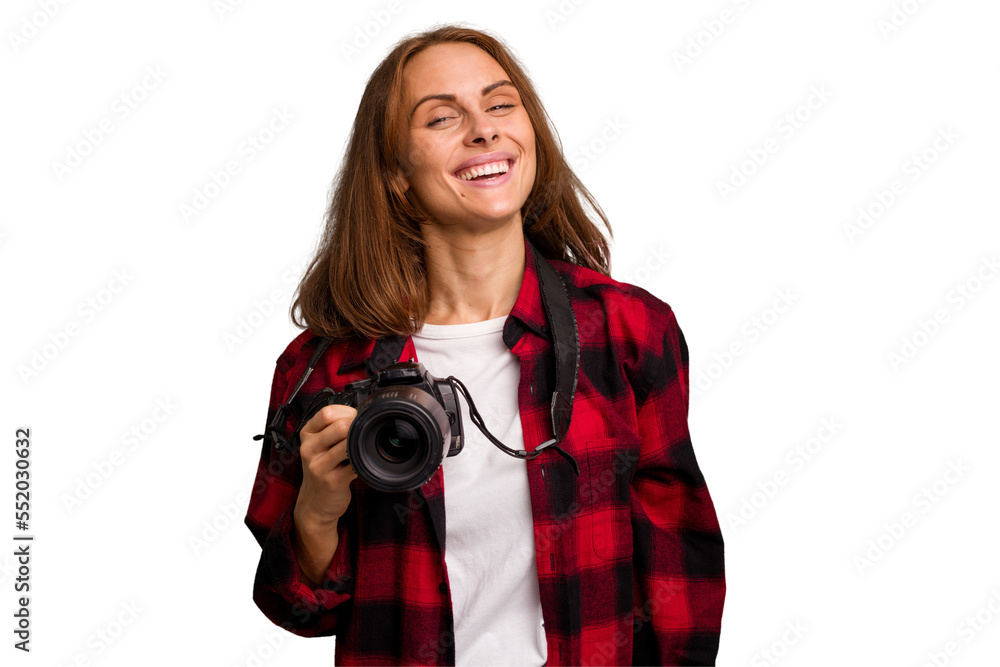 Young photographer caucasian woman isolated happy, smiling and cheerful. Young photographer caucasian woman isolated happy, smiling and cheerful.