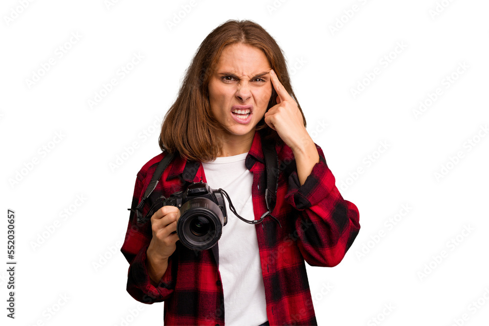 Young photographer caucasian woman isolated showing a disappointment gesture with forefinger. Young photographer caucasian woman isolated showing a disappointment gesture with forefinger.