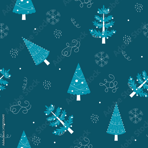 Christmas vector seamless pattern with winter trees and spruces. Design for wrapping paper, sites, banners.