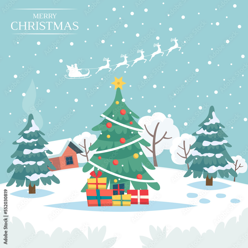 Merry Christmas greeting card. Winter snowflakes blue background flat ilustration