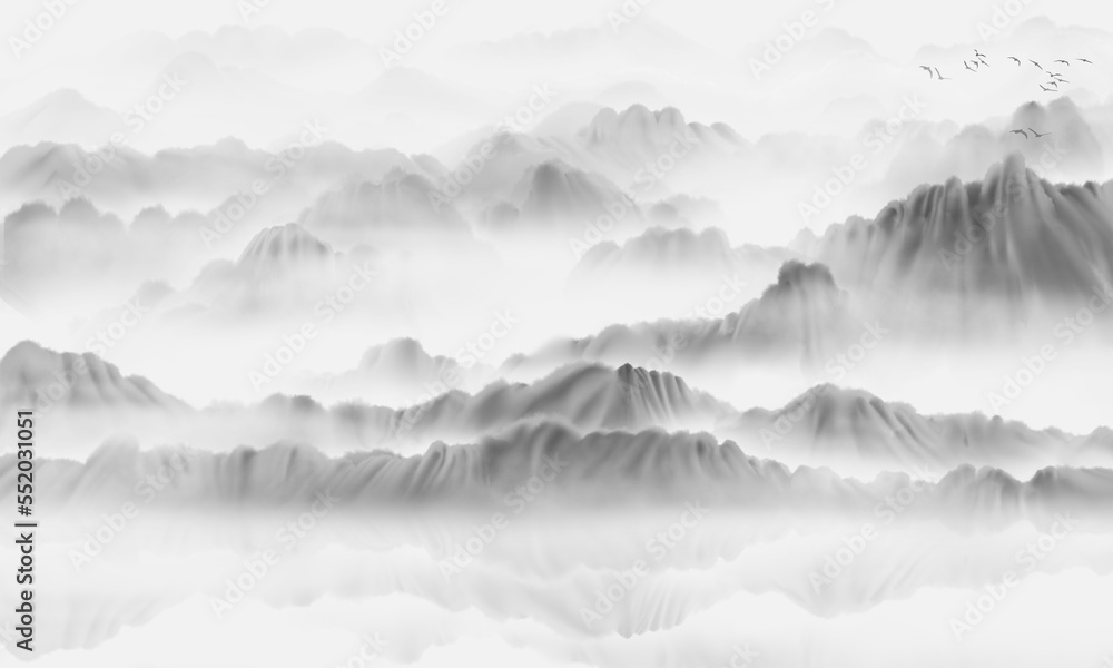 Chinese style black and white artistic conception landscape painting
