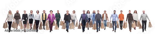 a line of people with shopping bags isolated