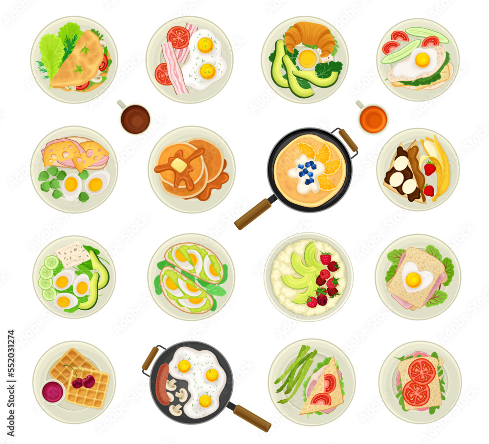 Breakfast Food Served on Plate Above View Big Vector Set Breakfast Food Served on Plate Above View Big Vector Set