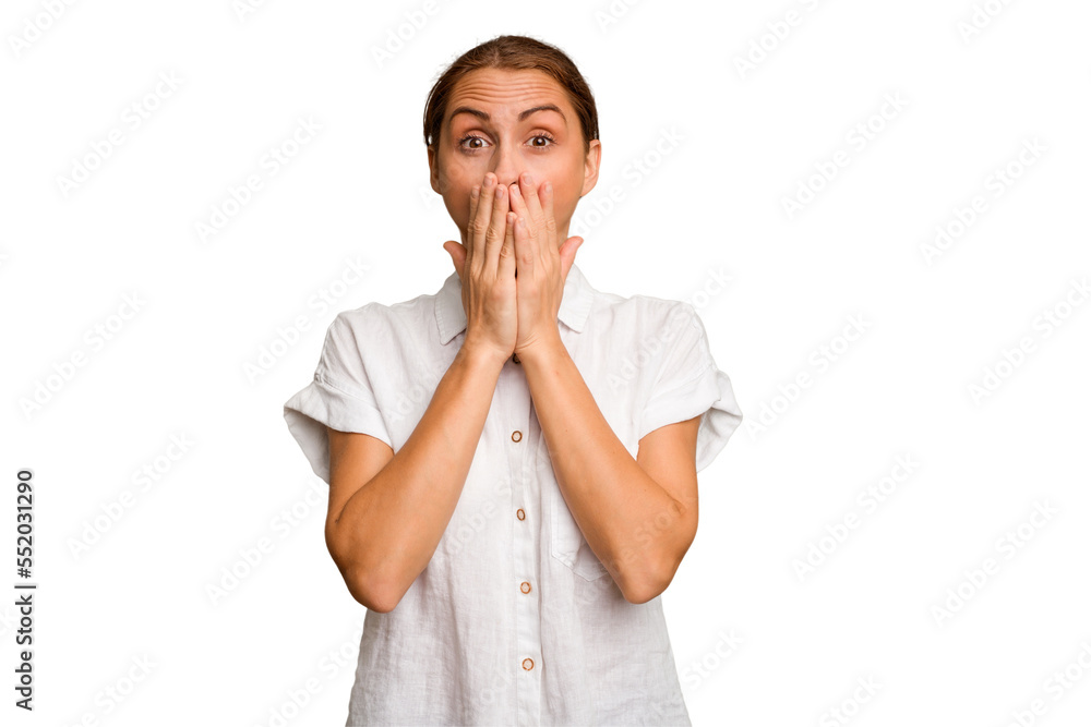 Young caucasian woman isolated shocked covering mouth with hands. Young caucasian woman isolated shocked covering mouth with hands.