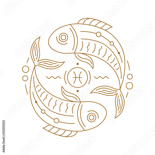 Pisces zodiac astrology horoscope stylized sign thin line. Fishes symbol of esoteric, zodiacal astrological calendar, horoscope constellation vector illustration
