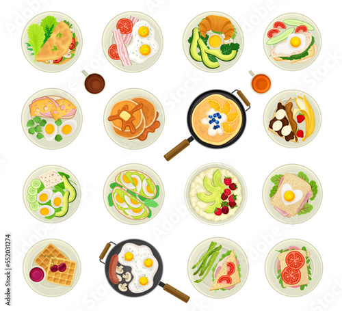 Breakfast Food Served on Plate Above View Big Vector Set