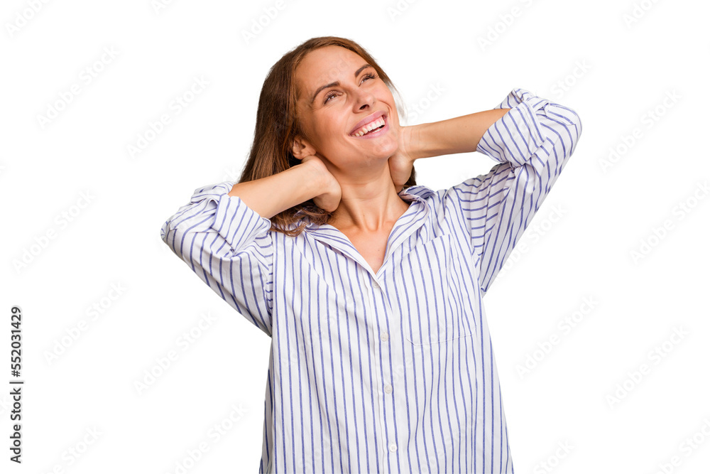 Young caucasian woman isolated feeling confident, with hands behind the head. Young caucasian woman isolated feeling confident, with hands behind the head.