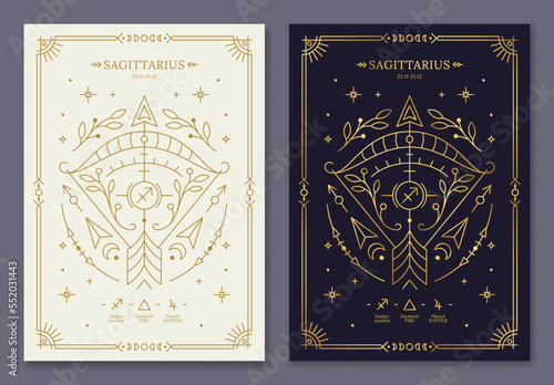 Sagittarius zodiac horoscope golden signs on dark navy and white cards set. Stylized Archer symbols of esoteric, zodiacal astrological calendar, horoscope constellation thin line vector illustration