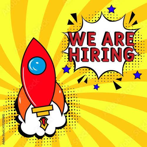 Comic book explosion with text We are hiring, vector illustration.  Vector bright cartoon illustration in retro pop art style. We are hiring in pop art style. Creative poster, web banner