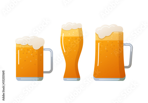 Set of beer glass and mugs, full of foamy refreshing drink. Lager beer fresh, alcohol drink. Brewery, party and Oktoberfest festival symbol flat vector illustration isolated on white background