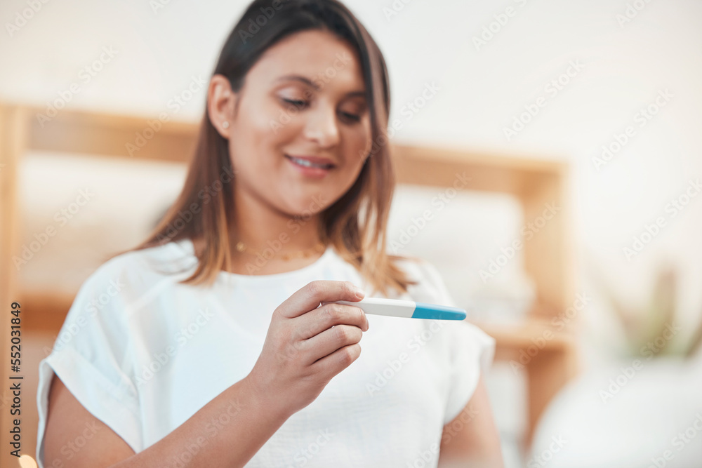 Happy woman, pregnancy test and results in home for pregnant information. Lady check fertility with stick for maternity, family planning and ovulation from ivf, prenatal healthcare and medical hope Happy woman, pregnancy test and results in home for pregnant information. Lady check fertility with stick for maternity, family planning and ovulation from ivf, prenatal healthcare and medical hope