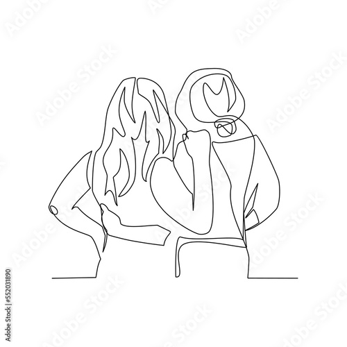 Vector illustration of two girlfriends drawn in line art style