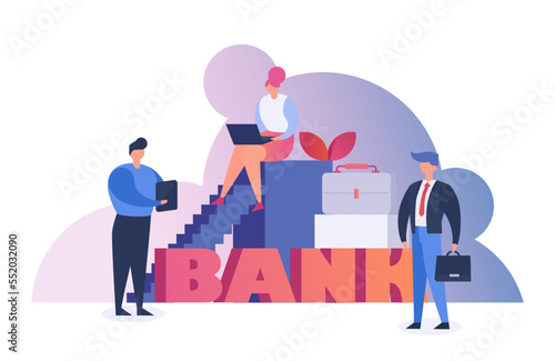 Bank people making money, finance and economy concept flat vector illustration. Businessman analysing financial money charts generated by big data.