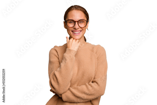 Young caucasian woman isolated smiling happy and confident, touching chin with hand.