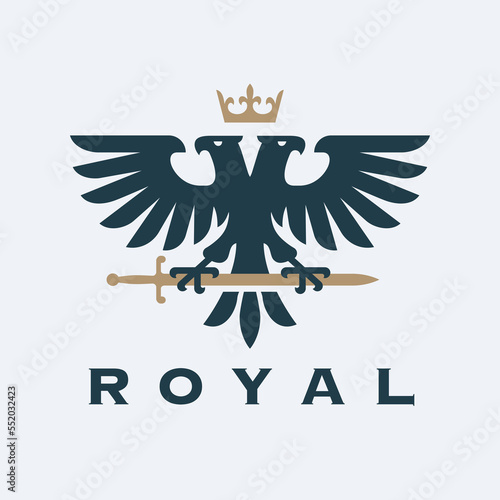 Double headed eagle logo design. Heraldic falcon icon. Hawk insignia symbol. Royal bird heraldry emblem. Vector illustration.