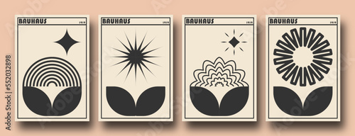 Retro futuristic Bauhaus Inspired flowers posters. Collection of abstract graphic geometric symbols, shapes and objects in y2k style / Brutalism bold style. Abstract geometric bauhaus swiss style.